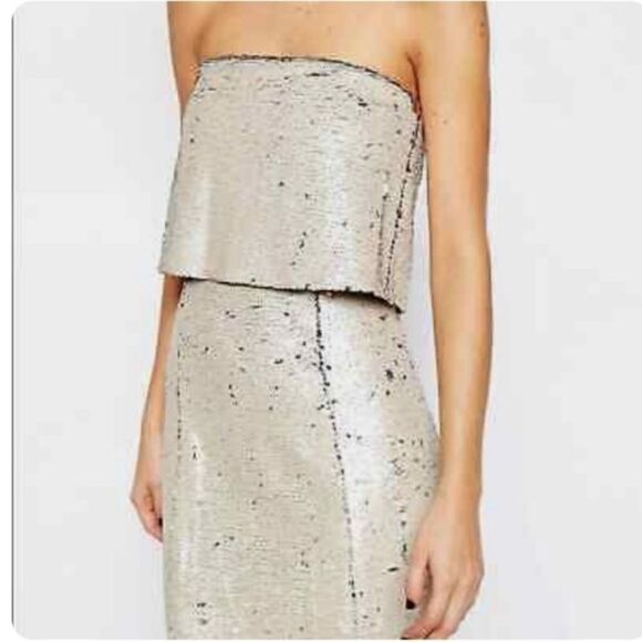Lavish Alice Pealised & Gold Reverse Sequin Bandeau Cropped Midi Dress by Asos - Picture 2 of 5